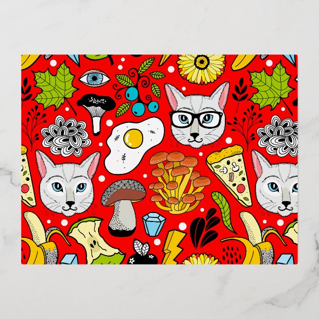Cat and egg on red foil invitation postcard (Front)