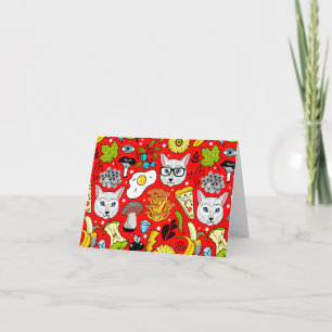 Cat and egg on red holiday card