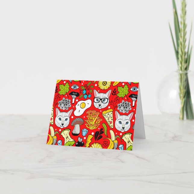 Cat and egg on red holiday card (Front)