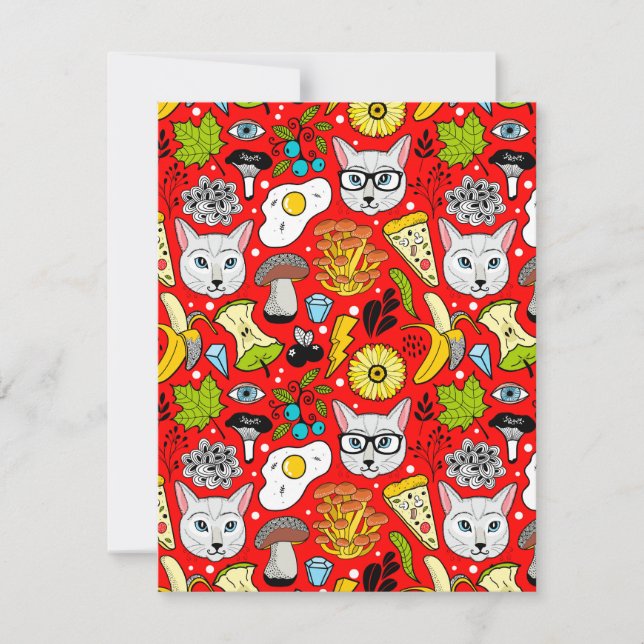 Cat and egg on red holiday card (Front)
