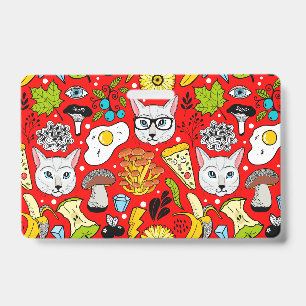 Cat and egg on red ID badge