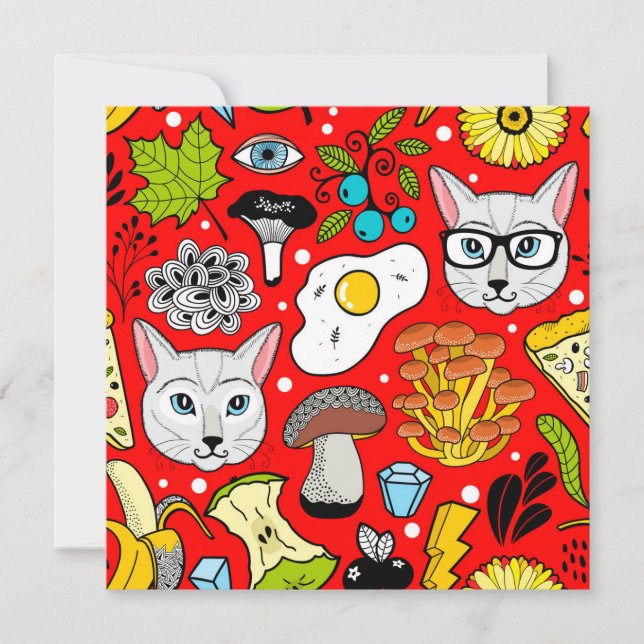 Cat and egg on red invitation (Front)
