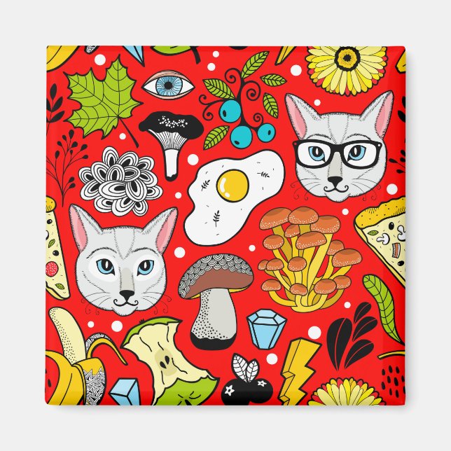 Cat and egg on red magnet (Front)