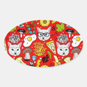 Cat and egg on red oval sticker