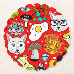 Cat and egg on red paper coaster
