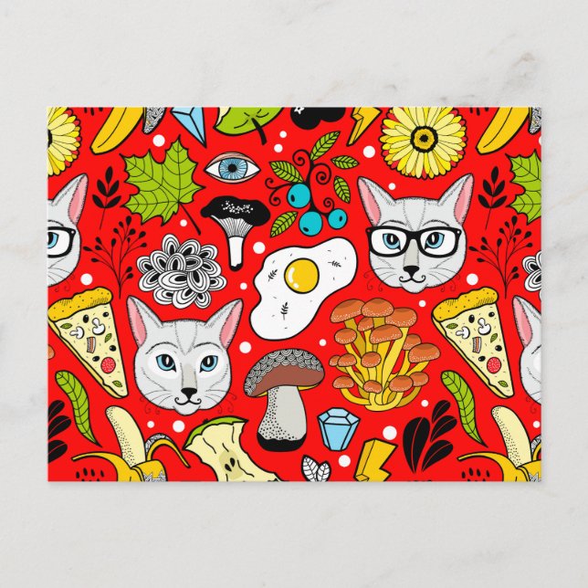 Cat and egg on red postcard (Front)