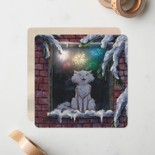 Cat and fireworks - card - by Monika Marzec (Front/Back In Situ)