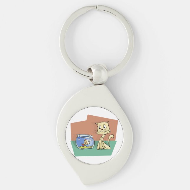 Cat and fish bowl clipart key ring (Front)