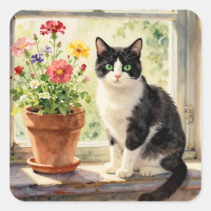 Cat and Flower Themed Square Sticker