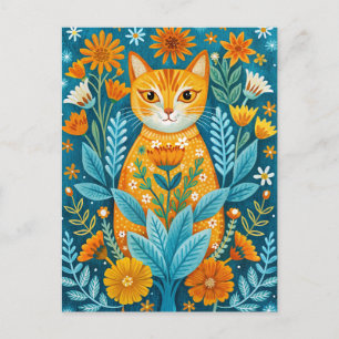 Cat and flowers folk art style orange and blue postcard