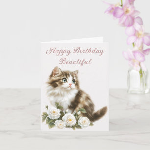 Cat and Flowers Happy Birthday Wish Card