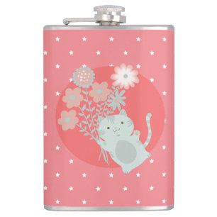 cat and flowers hip flask