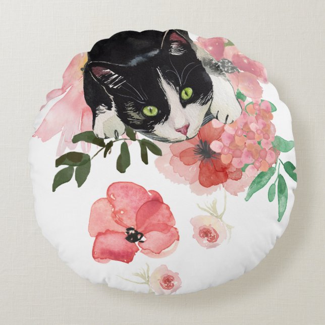 Cat and flowers Round Throw Pillow (16") (Front)