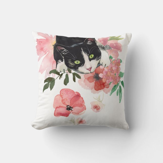 Cat and flowers, Throw Pillow 16" x 16" (Front)