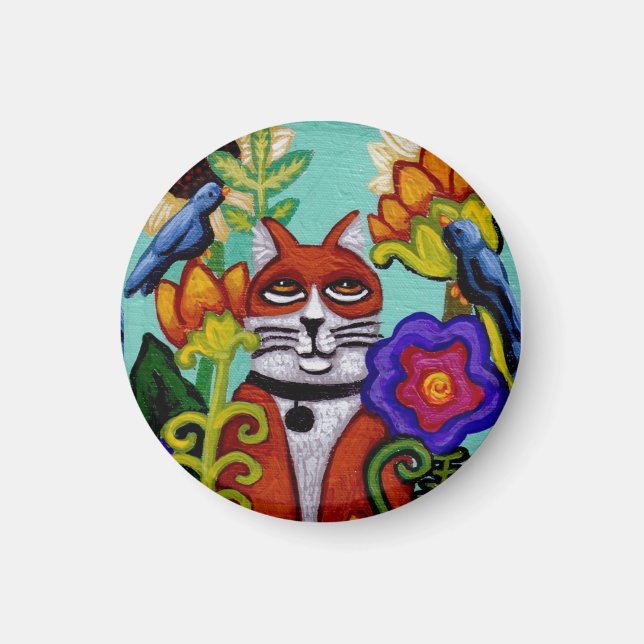 Cat and Four Birds Magnet (Front)