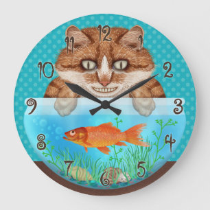 Cat and Goldfish Bowl Funny Hungry Grinning Kitty Large Clock