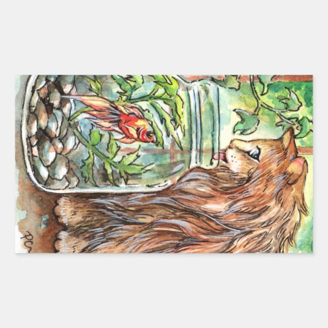 Cat and Goldfish Rectangular Sticker (Front)