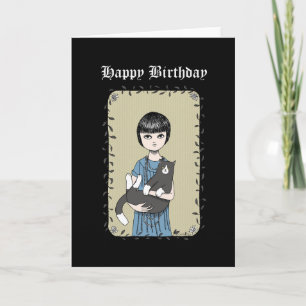 Cat and Goth Girl Creepy Dark Art Happy Birthday Card