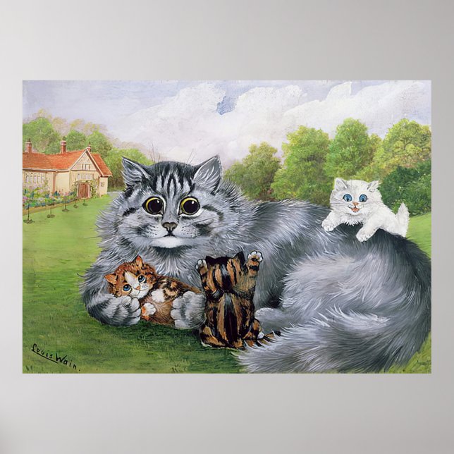 Cat and her Kittens, Louis Wain Poster (Front)