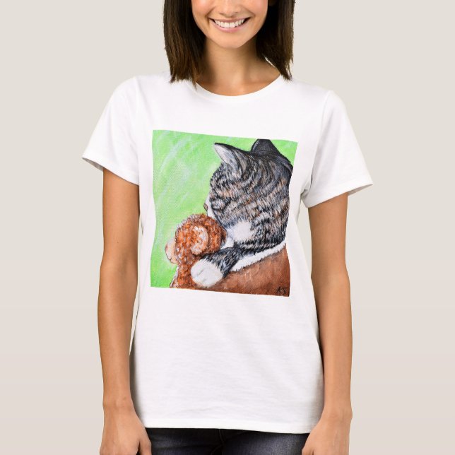 Cat and his Bear in the Window Painting T-Shirt (Front)