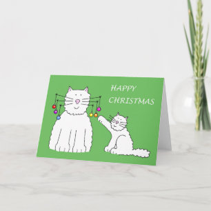 Cat and Kitten Playing with Christmas Baubles. Holiday Card