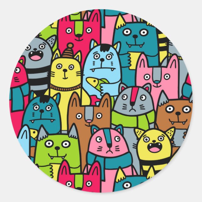 Cat and kittens classic round sticker (Front)