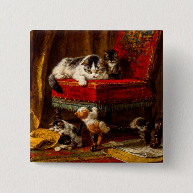 Cat and Kittens Playing with Chair 15 Cm Square Badge (Front)