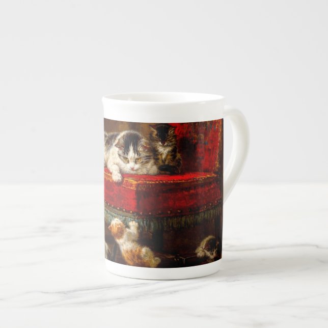 Cat and Kittens Playing with Chair Bone China Mug (Front Right)