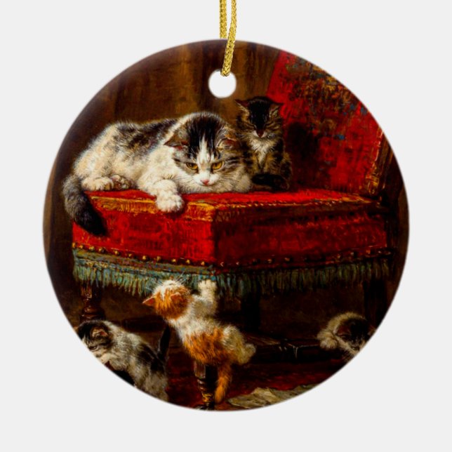 Cat and Kittens Playing with Chair Ceramic Ornament (Front)