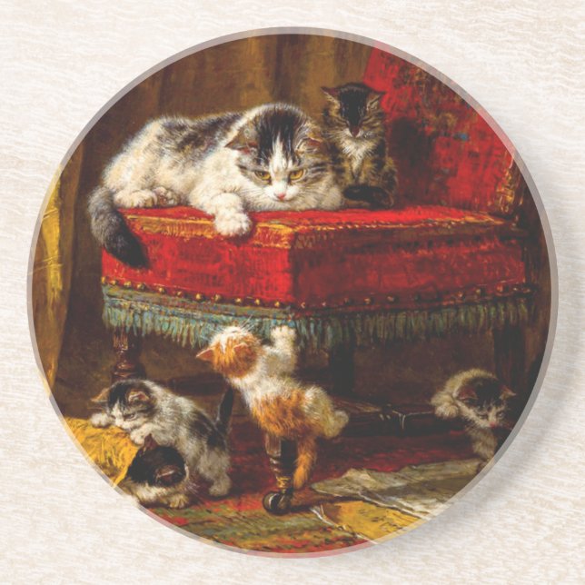 Cat and Kittens Playing with Chair Coaster (Front)