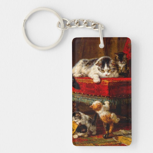 Cat and Kittens Playing with Chair Key Ring (Front)