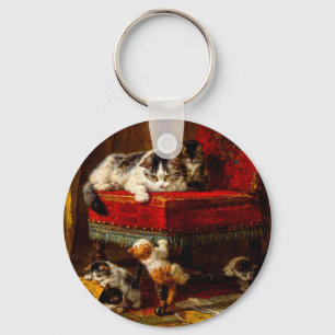 Cat and Kittens Playing with Chair Key Ring