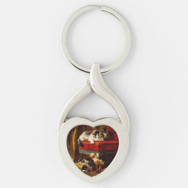 Cat and Kittens Playing with Chair Key Ring (Front)