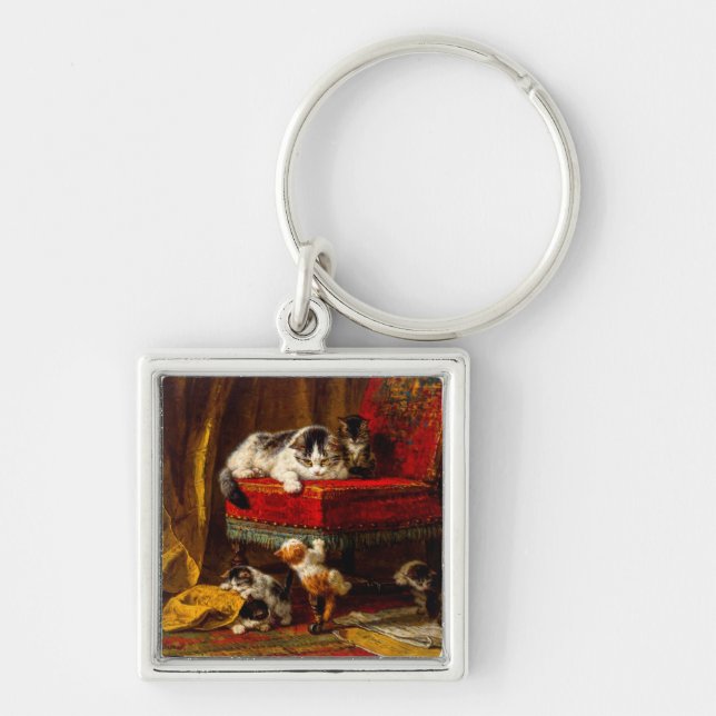 Cat and Kittens Playing with Chair Key Ring (Front)