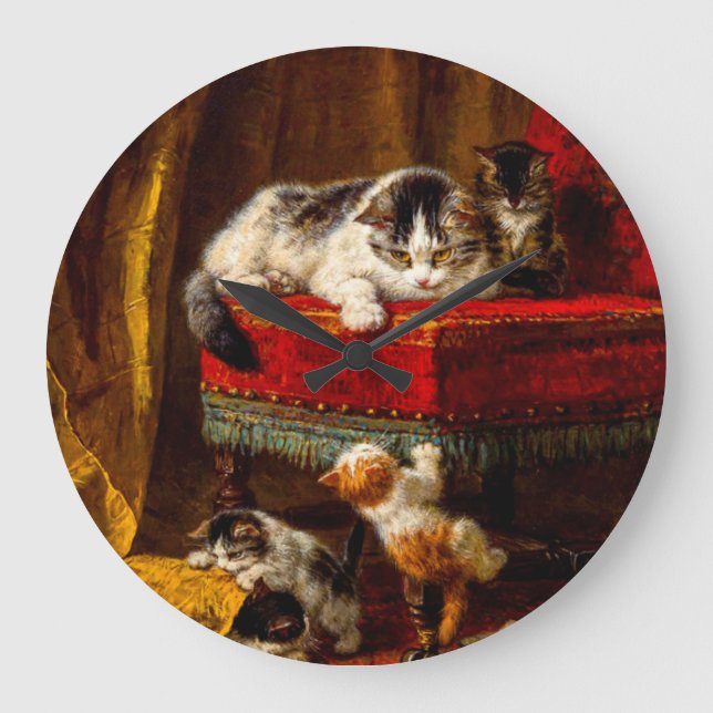 Cat and Kittens Playing with Chair Large Clock (Front)