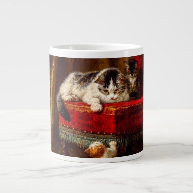 Cat and Kittens Playing with Chair Large Coffee Mug (Front)