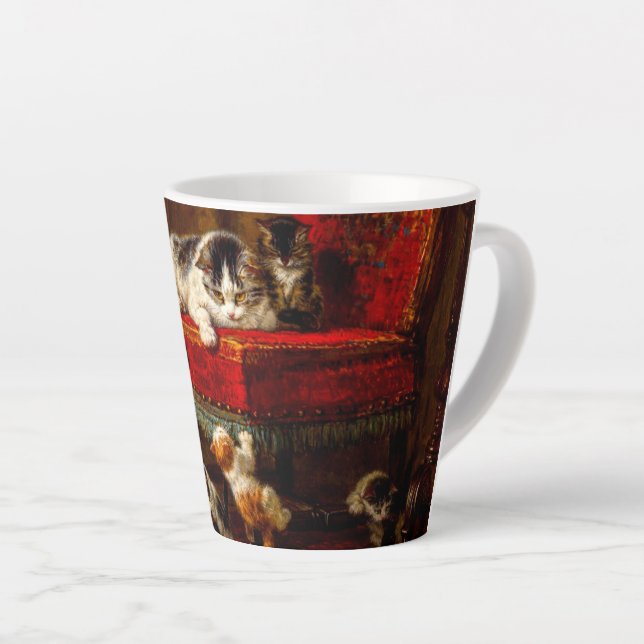 Cat and Kittens Playing with Chair Latte Mug (Right Angle)