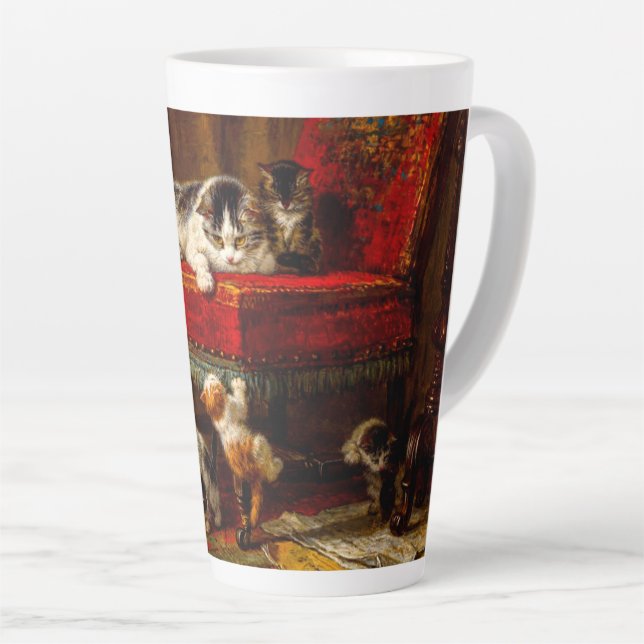 Cat and Kittens Playing with Chair Latte Mug (Right Angle)