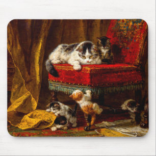 Cat and Kittens Playing with Chair Mouse Pad