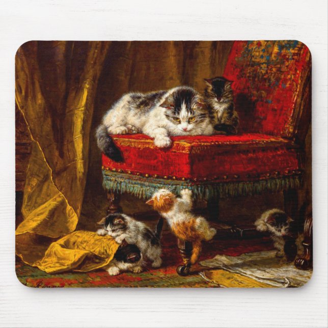Cat and Kittens Playing with Chair Mouse Pad (Front)
