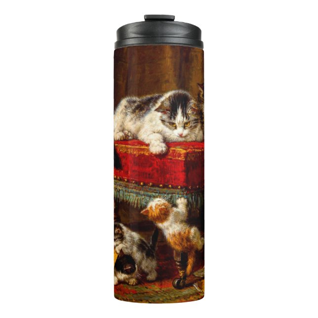 Cat and Kittens Playing with Chair Thermal Tumbler (Front)