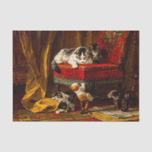 Cat and Kittens Playing with Chair Tissue Paper