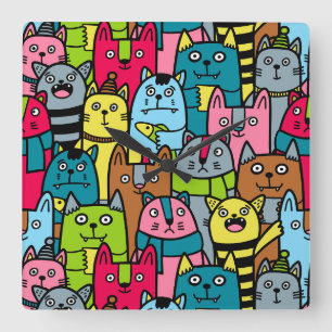 Cat and kittens square wall clock