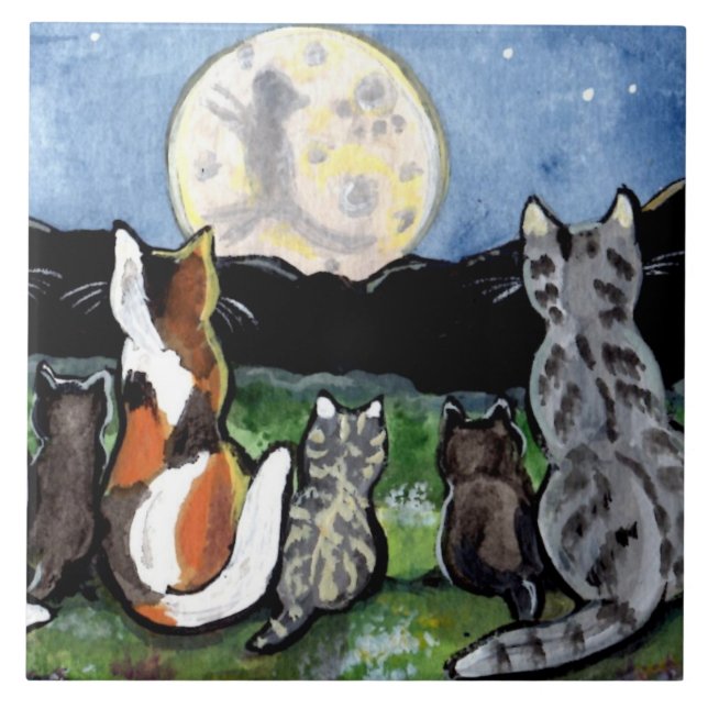 Cat and Kittens Watching Moon 6" Tile Trivet (Front)