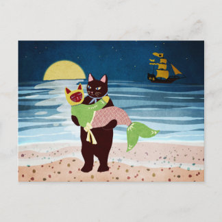Cat and Mermaid Cat love Postcard