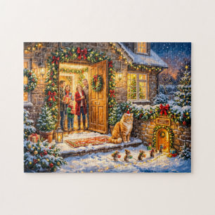 Cat and Mice Christmas Doorway Scene Jigsaw Puzzle