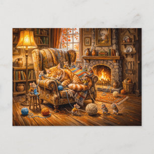 Cat and Mice Cosy Knitting Scene Postcard