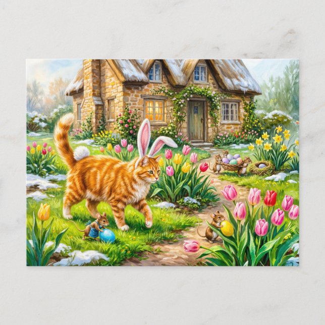 Cat and Mice Easter Egg Scene Postcard (Front)