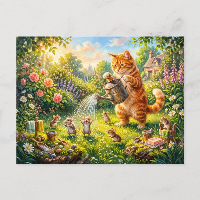 Cat and Mice Garden Water Fun Postcard (Front)
