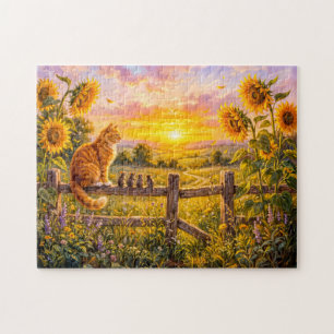 Cat and Mice Sunset Fence View Jigsaw Puzzle